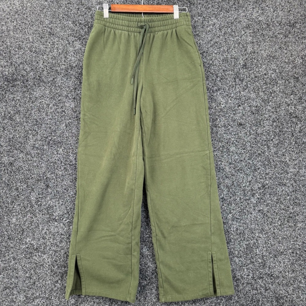 Beyond Yoga Olive Green Wide Leg Fleece Sweatpants Side Slit Drawstring Small
